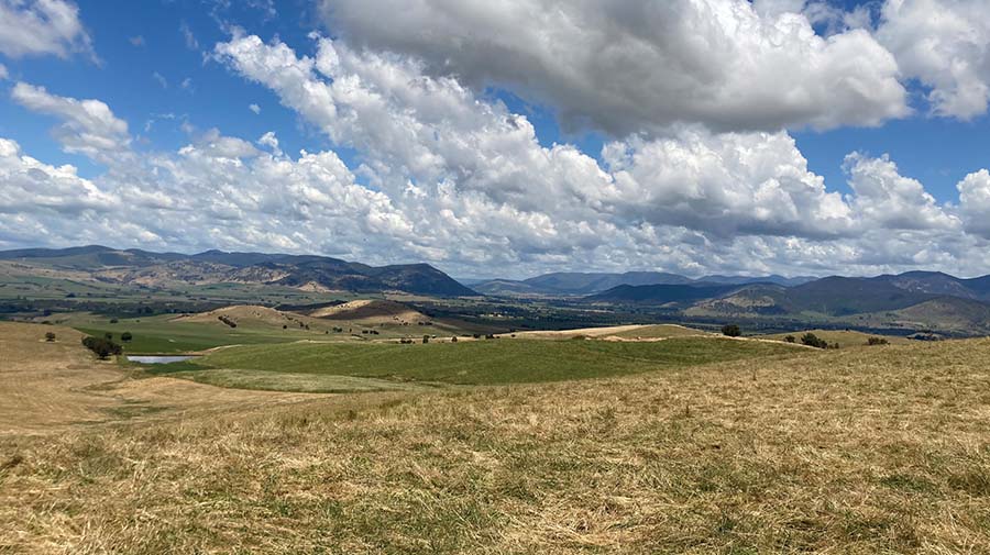 Upper Murray landscape of green fields and rolling hills in the distance